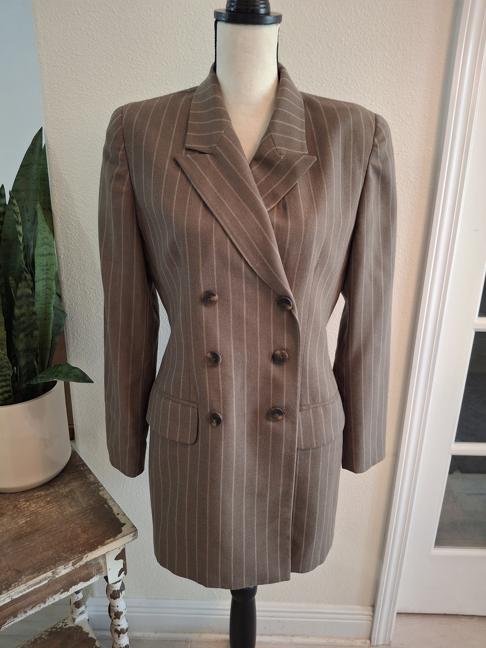 Vintage 90s Jones New York Brown Pinstripe Double-Breasted Pant Suit